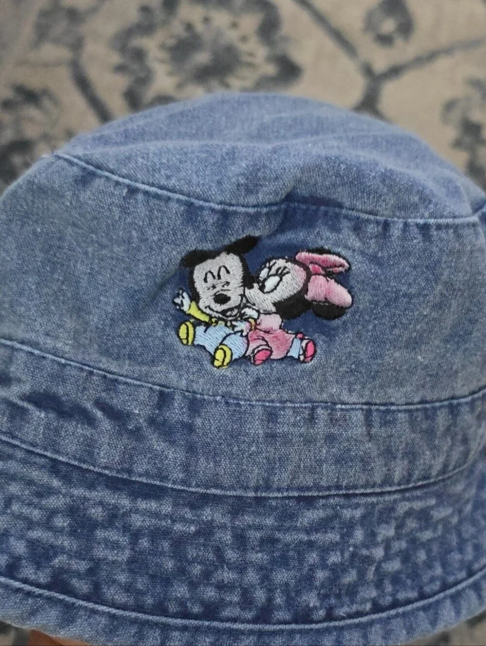 Vintage Disney Baby Denim Bucket Hat Embroidered Mickey & Minnie 46cm 6-9